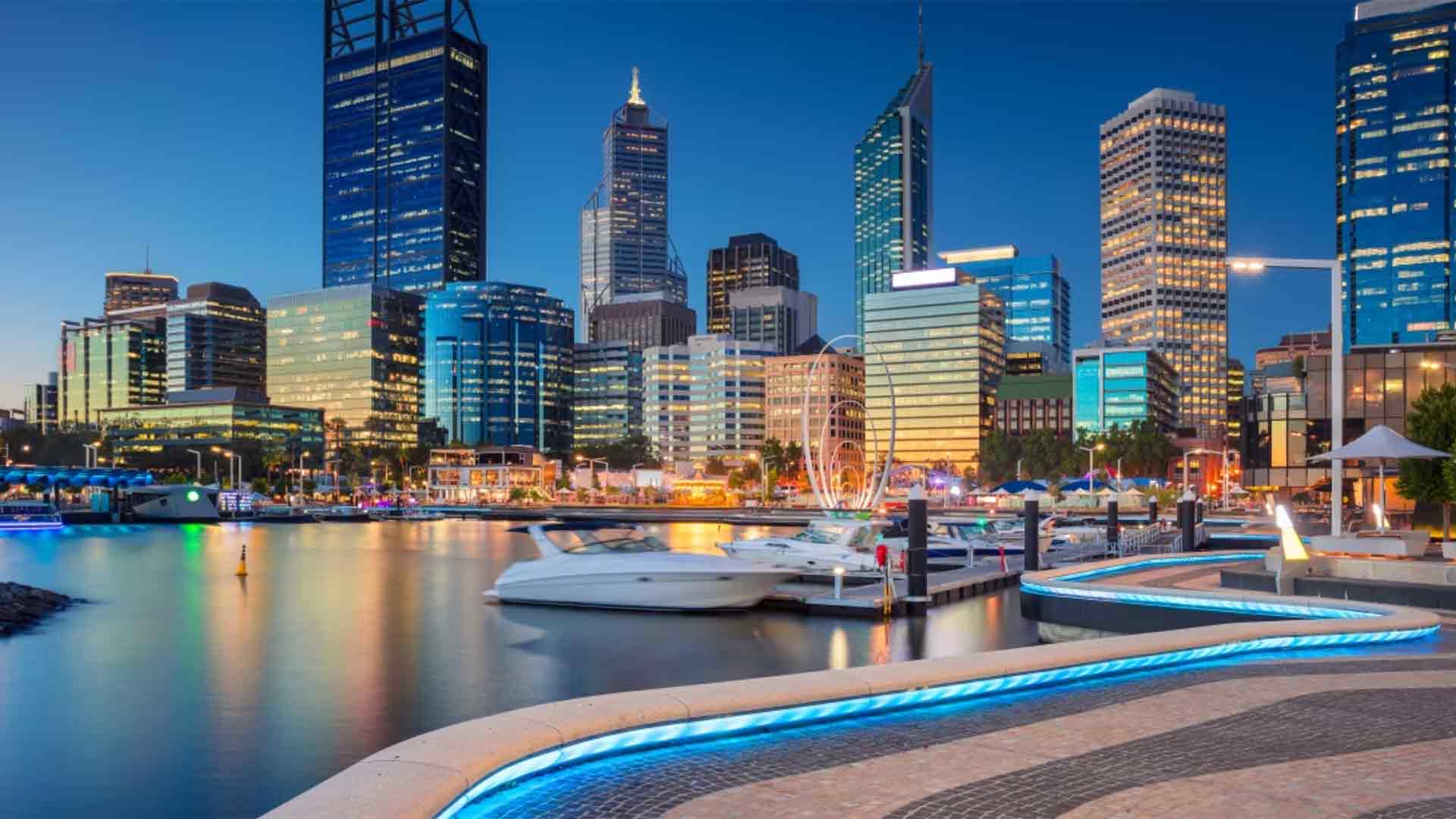 Perth city skyline and waterfront at dusk